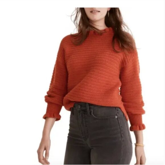 Madewell Ruffle-Neck Cotton-Merino Pullover Sweater in Fresh Chili Size Small - Picture 1 of 8